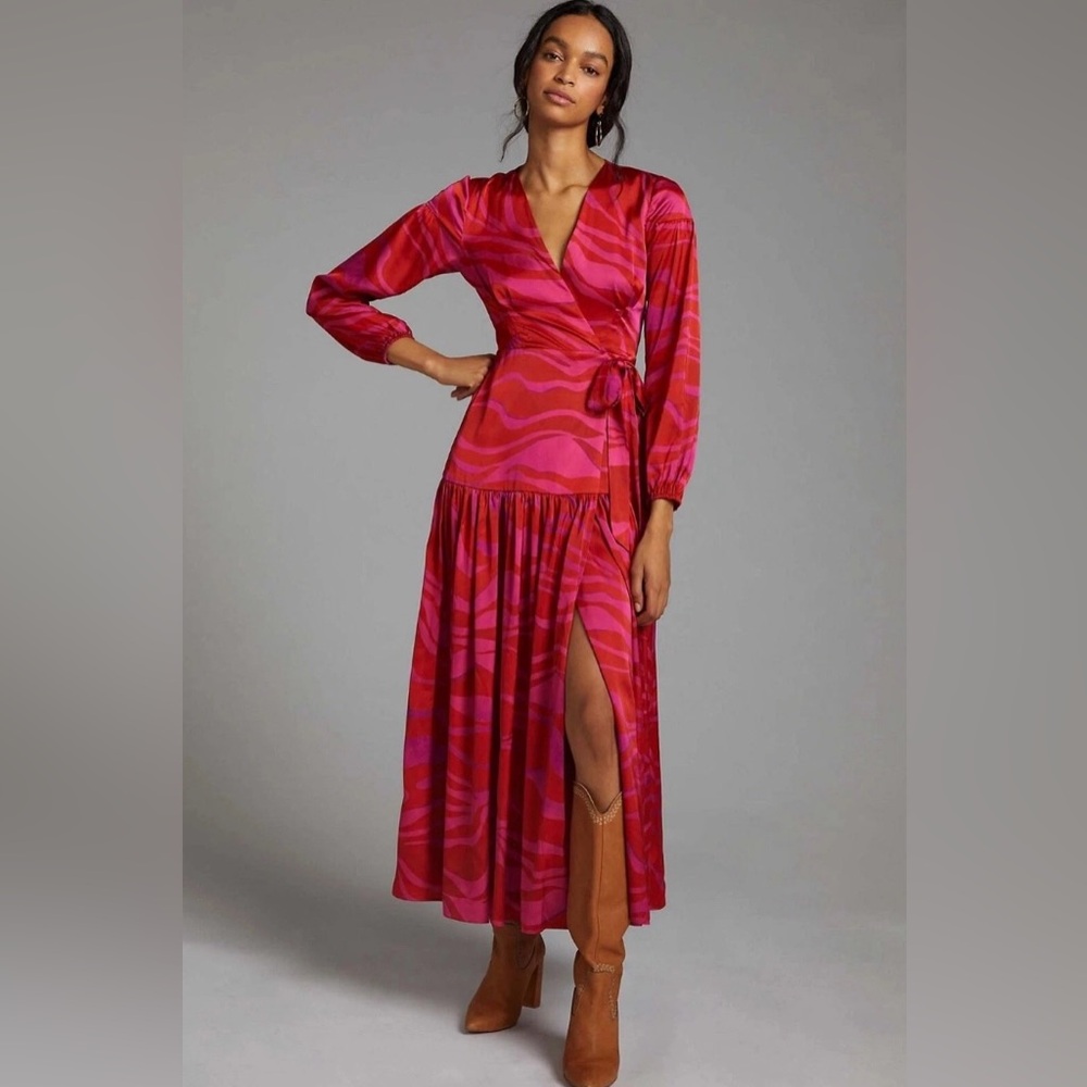 Anthropologie Dress Womens XS Hutch Ciara Wrap Maxi Zebra Striped Pink Red